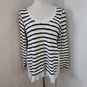Anthropologie Postmark Striped Textured Top Pleated Chiffon Hem White Navy M